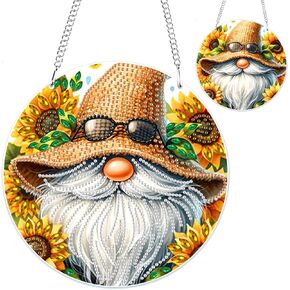 GHHKUD Gnome Diamond Painting Pendant Ornament for Adults Double Sided, Sunflowers Diamond Art Hanging Pendant, DIY Special Crystal Diamond Gem Painting Board Kit for Window Home Decor