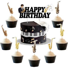 Saxophone Themed Party Decoration, 25pcs Saxophone Happy Birthday Cake Cupcake Topper Double-Sided Printing for Saxophone Saxophonist Music Band Concert Theme Birthday Party Decoration