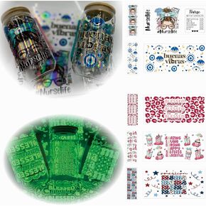 UV DTF Wrap Cup Glow-in-The-Dark Stickers for 16 OZ Libbey Glasses, 10 pcs, Laser & Glow-in-The-Dark Transfer Stickers with Transfer Tool, Waterproof Decals for DIY Crafts