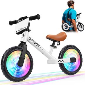 BELEEV C3 Toddler Balance Bike لمدة 2-6 سنوات ، و 12 بوصة دراجة أطفال مع عجلات إضاءة ، وحزام ، ومقبض قابلة للتعديل ، وإطار الصلب الكربوني ، ولوحة تخصيص ، لا توجد دراجة تدريب على دفع الدواسة