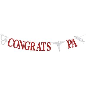 Congrats PA Banner, Congrats Physician Assistant/Future Doctor, Medical School/College Graduation Party Decorations Supplies, Red & Silver Glitter
