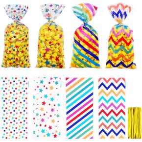 HIBILDER 100PCS Striped Stars Pattern Cellophane Treat Bags Rainbow Small Gift Bags Birthday Goodie Bags Plastic Snack Candy Bags Birthday Party Favors Bags