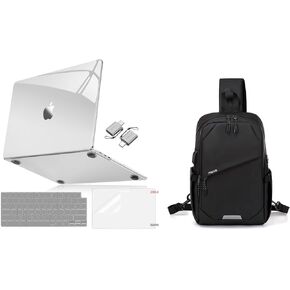 Mosiso Sling Backpack Backpack Travel Heaking Daypack ومتوافق مع MacBook Air Case 13 بوصة 2025-2022 M3 A3113 M2 A2681 ، تفوق على حالة التجميل الطبيعية وغطاء لوحة المفاتيح وفيلم الشاشة والنوع C ، Crystal Clear & Black