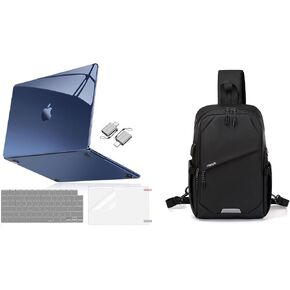 MOSISO Sling Backpack Travel Hiking Daypack&Compatible with MacBook Air 13 inch Case 2025-2022 M3 A3113 M2 A2681, Surpass Natural Beauty Case&Keyboard Cover&Screen Film&Type C, Crystal Midnight&Black