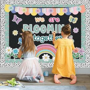 78Pcs Boho Spring Classroom Bulletin Board Set We are Blooming Together Flower Butterfly Rainbow Cutouts for School Chalkboard Home Office Wall Decor