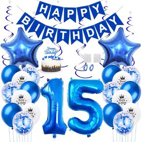 Daimay 14th Birthday Party Decorations Blue Happy Birthday Banner Flag Latex Confetti Balloons Number 14 Foil Balloon Star Mylar Balloons Cake Topper for Men Women Anniversary Party Supplies