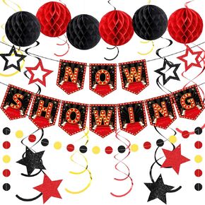 TAOBARY 24 PCS فيلم ديكورات ديكورات الحفلات فيلم عرض الآن لافتة شنقا دوامات العسل كرات الكرتون من الورق المقوى والنجوم الأفلام اللوازم تحت عنوان "حفلة عيد الميلاد" السجادة الحمراء