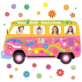 كبيرة الحافلة على شكل حافلة على شكل 60s 70s زخارف الحزب النسيج الرجعية Prop Banner حافلة الحافلة Prop Hippie Selfie Frame Backdrop Daisy Groovy Party Party Supplies 59 × 33.4in
