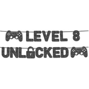 Pre-Strung Level 8 Unlocked Banner - NO DIY - 8th Birthday Banner - Happy 8th Birthday Banner - Black Glitter