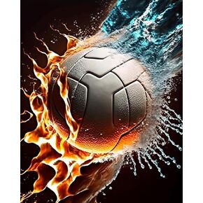 DIY 5D Diamond Art Painting Ice and Fire Volleyball 12x16 Inch Round Complete Drill Rhinestone Embroidery for Home Wall Decoration