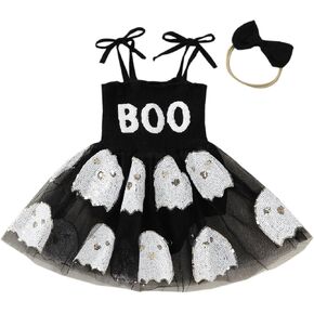 Halloween Baby Outfit Newborn Girl Pumpkin Costume Bubble Romper Dress My First Halloween Baby Girl Outfits Clothes (C Boo Ghost Black, 12-18 Months)