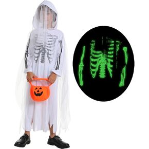 Leadtex Kids White Sheet Ghost Costume,Glowing in the Dark Skeleton Ghost Hooded Robe,Spooky Halloween Cosplay Costume.