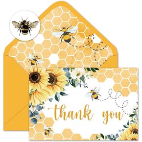 Whaline 24Pcs Sunflower Bee Thank You Cards Bulk Watercolor Summer Flower Greeting Cards with Envelope Stickers Blank Note Cards for Wedding Baby Shower Bridal Birthday Party, 4 x 6 Inch