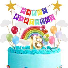 كعكة عيد الميلاد الثامنة عشرة أعلى لافتة عيد ميلاد سعيد لافتة أعلى الذهب رقم 18 شموع زخارف عيد ميلاد مجموعة بما في ذلك ملونة قوس قزح الغيوم النجوم