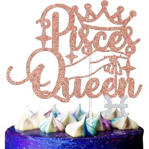 Pisces Queen Cake Topper – Big Pisces Energy Zodiac Sign Birthday Decor for February & March, Constellation Theme Party Supplies for Women, Rose Gold Glitter Cake Decoration