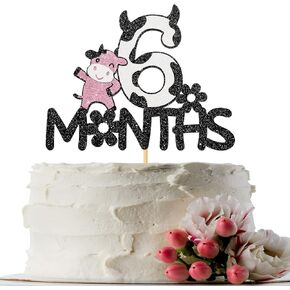 INNORU 6 Months Cake Topper Cow Sign, Baby Shower, Farm Animals 6 Months 1/2 Birthday Party Decorations, Kids Boys Girls, Glitter