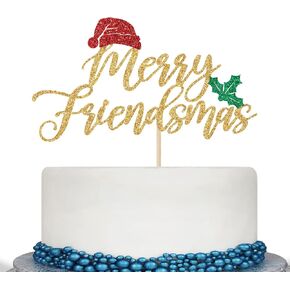 Merry Friendsmas Cake Topper, Friends Christmas Party Decor, Xmas Holiday Party Decorations, Gold Glitter