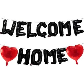 16 Inches Black 'WELCOME HOME' Letter Mylar Balloons Banner with Two 18-Inch Red Heart Foil Balloons for House Warming Decorations, Homecoming Celebrations, Family Gatherings, and Welcome Home Parties