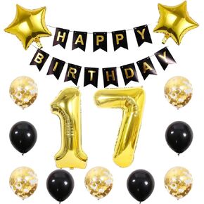 chaungfu17 مستلزمات حفلة عيد ميلاد الذهب رقم 17 رقائق بالون البالون سعيد عيد ميلاد راية 17th ديكور عيد ميلاد سوداء الذهب اللاتكس بالون بالون البالون هدية كبيرة للبنات الفتيان