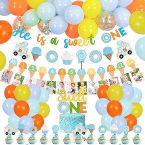 Donut Boys 1st Birthday Party Decor, Sweet One Donut First Birthday Party Monthly Photo Banner Balloons Garland Arch for Ice Cream Blue Doughnut Donut Grow Up Donut Sprinkle Birthday Party Supplies