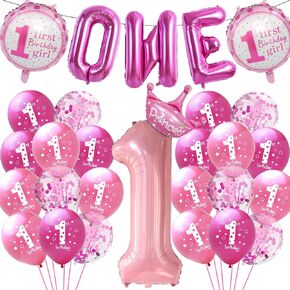 First Birthday Decorations for Girls - Pink 1st Themed Balloon Set Includes Latex Round Crown Number Letter Balloons for 1 Year Old Birthday Party Supplies