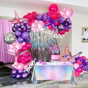 Era music theme Balloon Garland Arch Kit 103 PCS Pink Purple with mylar star Disco Ball Balloons for Country music theme Birthday retro 80s Disco Party Prom Decorations