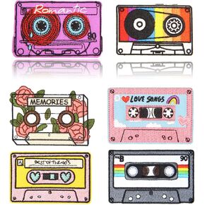 6PCS Cartoon Tape Iron on Patches, Cute Vintage 90's Retro Cassette Vibes Mixtape Embroidered Repair Patches for Clothes, Classic Applique for Hats, Jeans, Jackets, Backpacks, Shoes