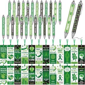 48 Pcs Mental Health Awareness Pens Bookmarks Green Ribbon Ballpoint Pens with Motivational Bookmarks and Ribbons Mental Health Awareness Items for Charity Public Social Event,12 Styles