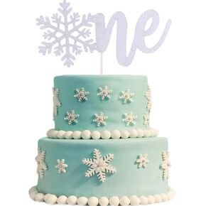 Snowflake One Cake Topper - Silver Glittery First Birthday Cake Topper, Winter Onederland Theme Baby's 1st Birthday Party Cake Decorations Supplies
