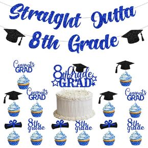 زخارف التخرج من الصف الثامن 2025 ، Gold Glitter Straight Outta Grade Grade Grad Grad Toppers for Boys Girls Kids Girls Trade Grading Supplies Supplies