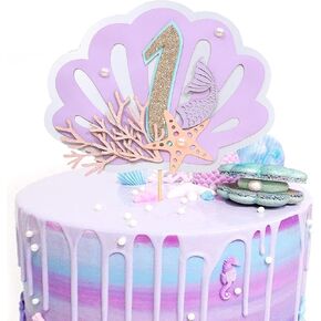 Shell Mermaid First Birthday Cake Topper - Little Princess 1st Birthday Party Decoration, Big Mermaid Tails,Sea Shells Starfish Cake Topper, Under The Sea Themed Party Supplies
