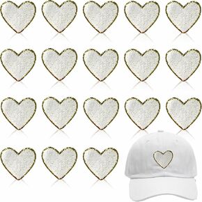 3 Inch Heart Iron On Patches,18 PCS Heart Chenille Patches Iron On with Gold Sequin Border, Embroidered Patches for Hats Backpacks Clothing Jackets Jeans Repair Decor (White)