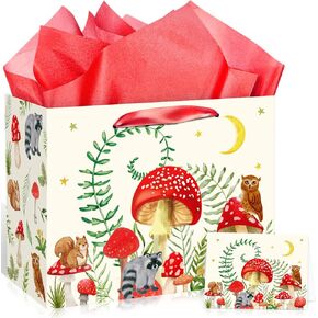 Mushroom Gift Bag for Mushroom Party Decoration Mushroom Birthday Gift Bag with Tissue Papers and Card Mushroom Themed Wrapping Bags Squirrel Owl for Boys Girls Xmas Jungle Party Christmas Baby Shower