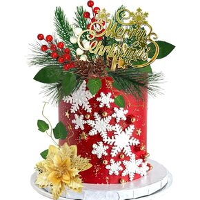 Merry Christmas Cake Topper With Artificial Pine Needles, Cones, and Berries for Theme Party Decorations Supplies