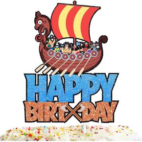 Blue Glitter Pirate Ship Cake Topper Gold Viking Brave Barbarian Theme Decor Supplies Baby Shower Girls Boys Happy Birthday Party Decorations
