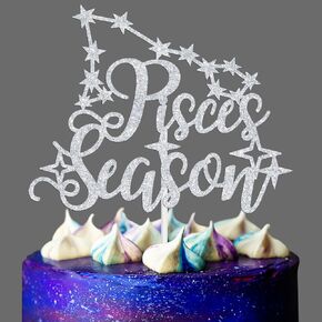 Pisces Season Cake Topper – Big Pisces Energy Zodiac Sign Birthday Decor for February & March, Constellation Theme Party Supplies for Men & Women, Silver Glitter Cake Decoration