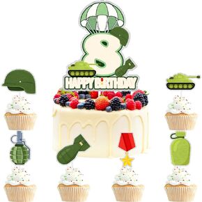 Military Cake Toppers Set of 7 Camouflage-Themed Kids 8th Happy Birthday Army Air Force, Military-themed party, baby shower party, Boy and Girl theme birthday party parachute, tank decoration. LIANGSS
