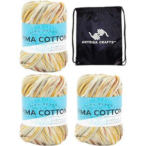 Lion Brand Pima Cotton Patagonia 762-502 (3-Skeins - Same Dye Lot) Worsted Medium #4 Cotton Yarn for Crocheting and Knitting with Project Bag