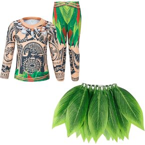AmzBarley Little Boys Kids Halloween Maui Costume Outfits Set Long Sleeve Shirt and Pants Set with Green Leaf Hula Grass Skirt Size 6-7Years