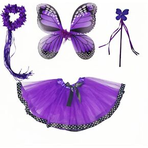 4 PC Girls Fairy Wings Butterfly Costume Set with Wings, Tutu, Wand & Halo