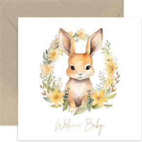 Old English Co. Welcome Baby Card for Boy or Girl - Cute Rabbit Watercolour Nursery Art Baby Card for New Parents - Congratulations on Bundle of Joy | Blank Inside with Envelope