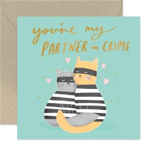 Old English Co. Cats Partner in Crime Funny Anniversary Card for Husband and Wife - Cute Valentine's Card Design for Boyfriend, Girlfriend, Partner | Blank Inside & Envelope Included