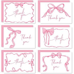 Whaline 48 Pack Pink Bow Thank You Cards Coquette Bowknot Greeting Cards with Envelopes Stickers Blank Note Cards for Holiday Wedding Bridal Baby Shower Birthday, 4 x 6 Inch