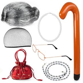 Yewong Old Lady Costume Set - Grandmother Wig,Costume Glasses,Wig Caps, Pearl Necklace, Glass Chain, Inflatable Cane, Handbag (Grey)