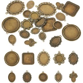 Craftdady 20pcs Blank Bezel Pendant Trays Oval Flower Square Flat Round Tibetan Pendants Antique Bronze Cabochon Bezel Settings Frame Metal Cameo for Photo Pendant Jewelry Making