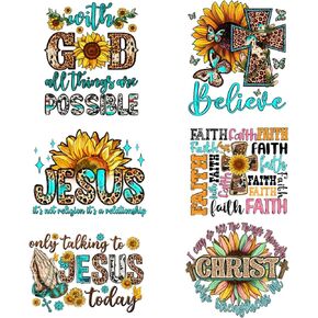 6Pcs Jesus Iron on Patches Washable Jesus is Love Cross Pattern Heat Transfer Vinyl Decals Jesus Thermal Transfer Sticker Iron on Appliques Jesus Accessories Decorations for Clothes Craft DIY(Flower)