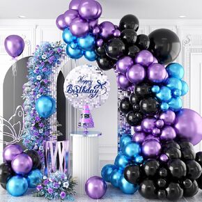 طقم قوس البالون الأرجواني والأزرق ، 105 PCS 5 10 10 18 بوصة البالونات عيد ميلاد ، أرجواني الأرجواني الأرجواني الأسود أكياس الطفح DIY قوس البالون لعيد ميلاد التخرج الزواج الديكور