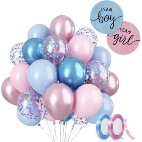 52 حزمة الجنس تكشف بالونات و 72 PCS Team Boy Girl ملصقات | Pink Blue Macaron Metallic Confetti 12 "البالونات لعيد ميلاد حفل الجنس تكشف حفلة استحمام الطفل بواسطة Vision E.D.