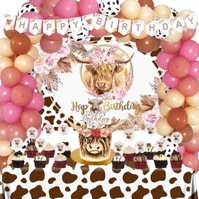 141 PCS Highland Cow Birthday Decorations Girl ، Hombae Floral Retro Pink Pink Brown Farm Party Party Party Decoritations Backdrop Balloon Garland Banner Tablecloth Cake Cupcake Topcake