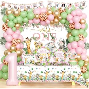 Wild One Birthday Decorations Girl, 1st Birthday Decorations Girl, Safari Jungle Animal First Birthday Supplies, One Year Old Birthday Backdrop Balloon Banner Tablecloth Plates Napkins Forks
